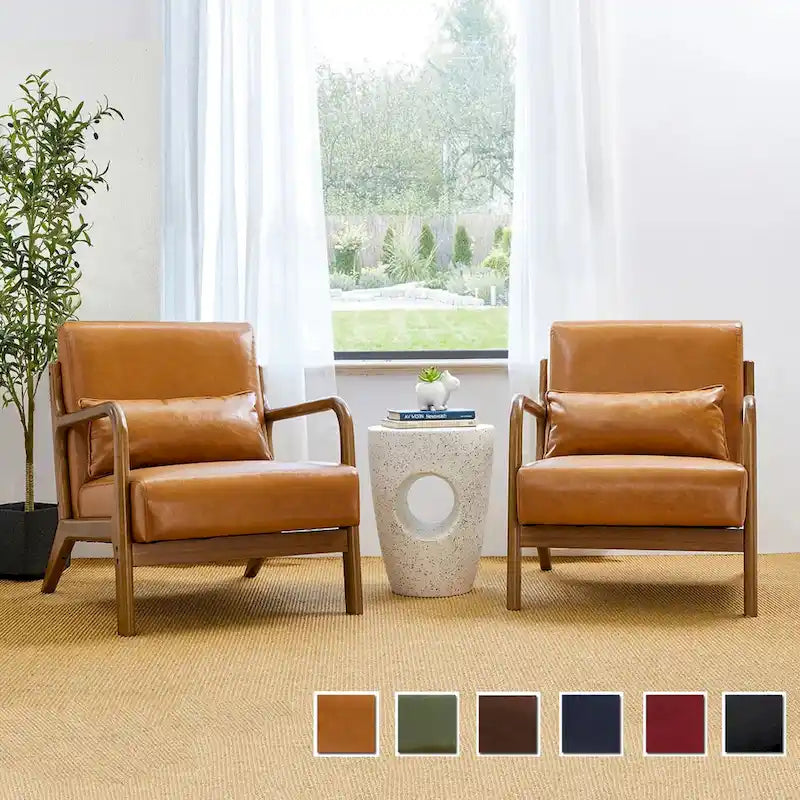 Glitzhome Set of 2 Mid-Century Modern PU Leather Accent Chairs - 30.75H with Cushions (25.75W x 33.75D) 18