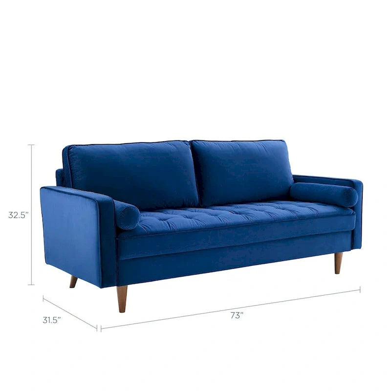 Mid Century Velvet Sofa with Tufted Back and Wooden Legs 4