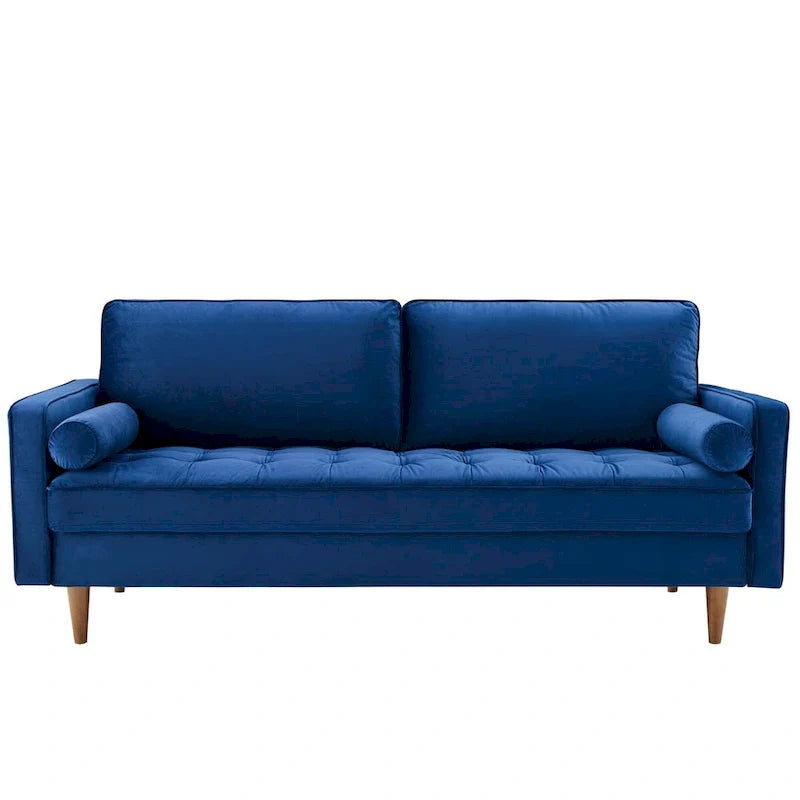 Mid Century Velvet Sofa with Tufted Back and Wooden Legs 6