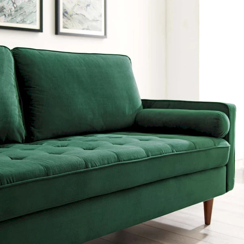 Mid Century Velvet Sofa with Tufted Back and Wooden Legs 24