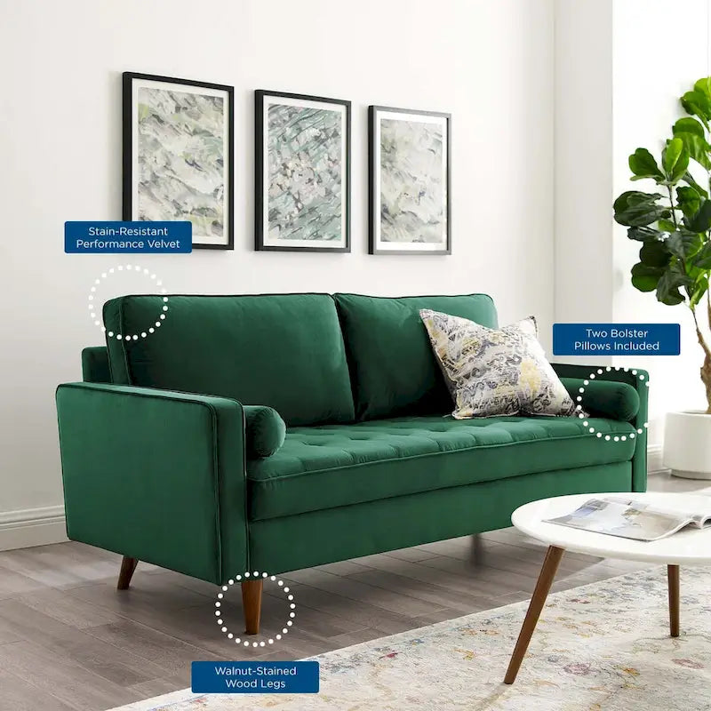 Mid Century Velvet Sofa with Tufted Back and Wooden Legs 25