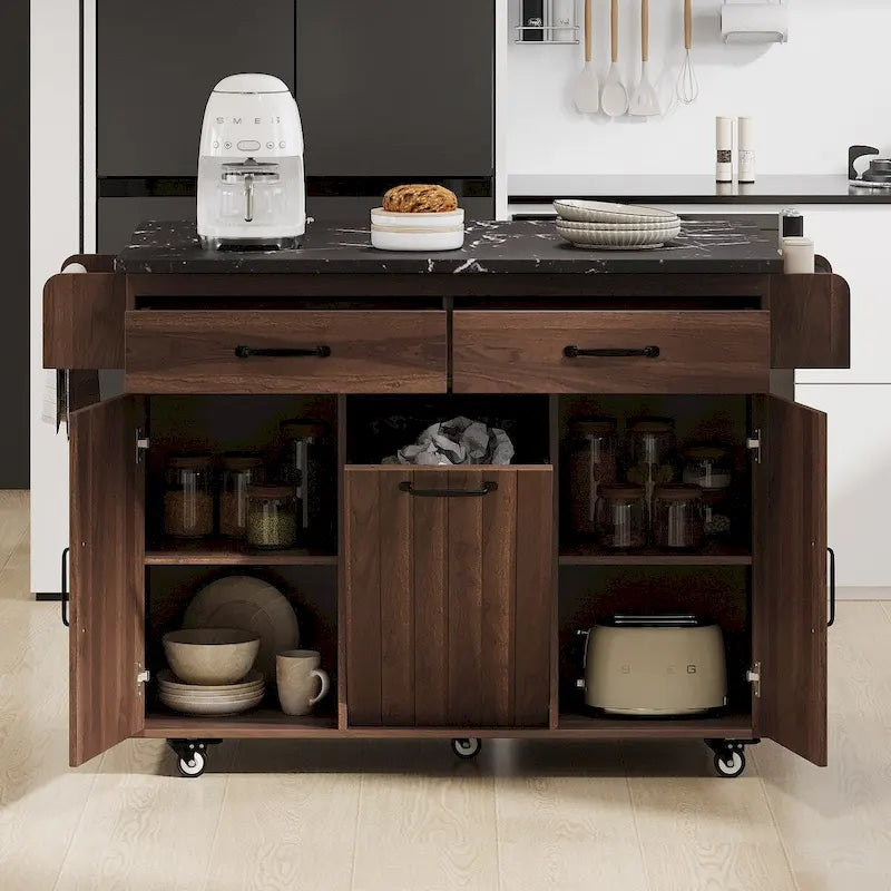 Kitchen Island with Built-In Trash Can Storage and Drop Leaf Cart 30