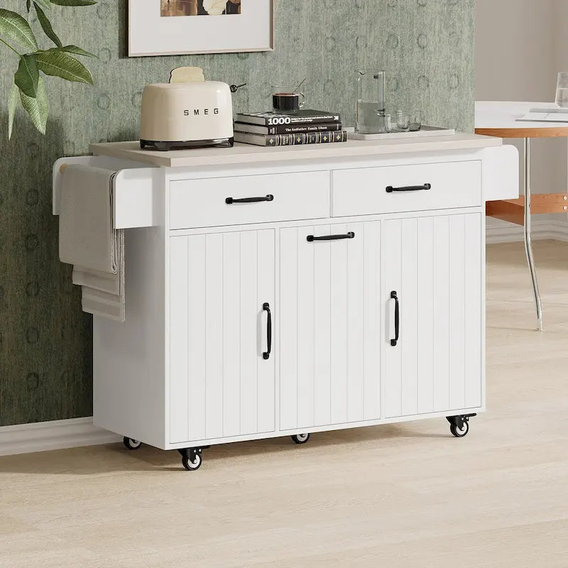 Kitchen Island with Built-In Trash Can Storage and Drop Leaf Cart 1