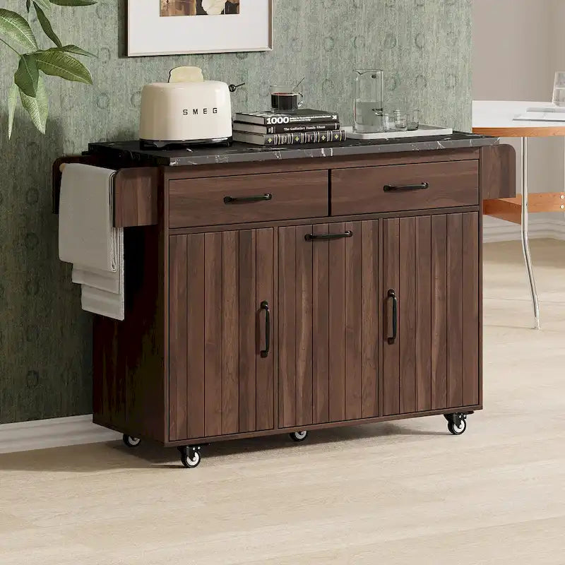 Kitchen Island with Built-In Trash Can Storage and Drop Leaf Cart 2