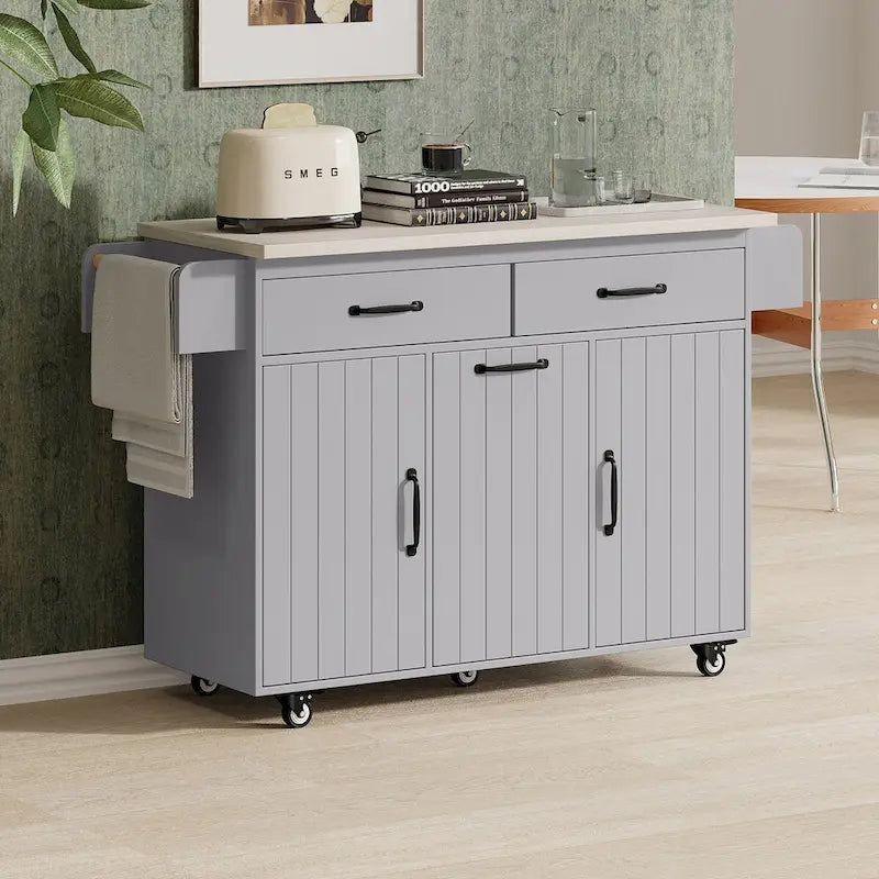 Kitchen Island with Built-In Trash Can Storage and Drop Leaf Cart 3