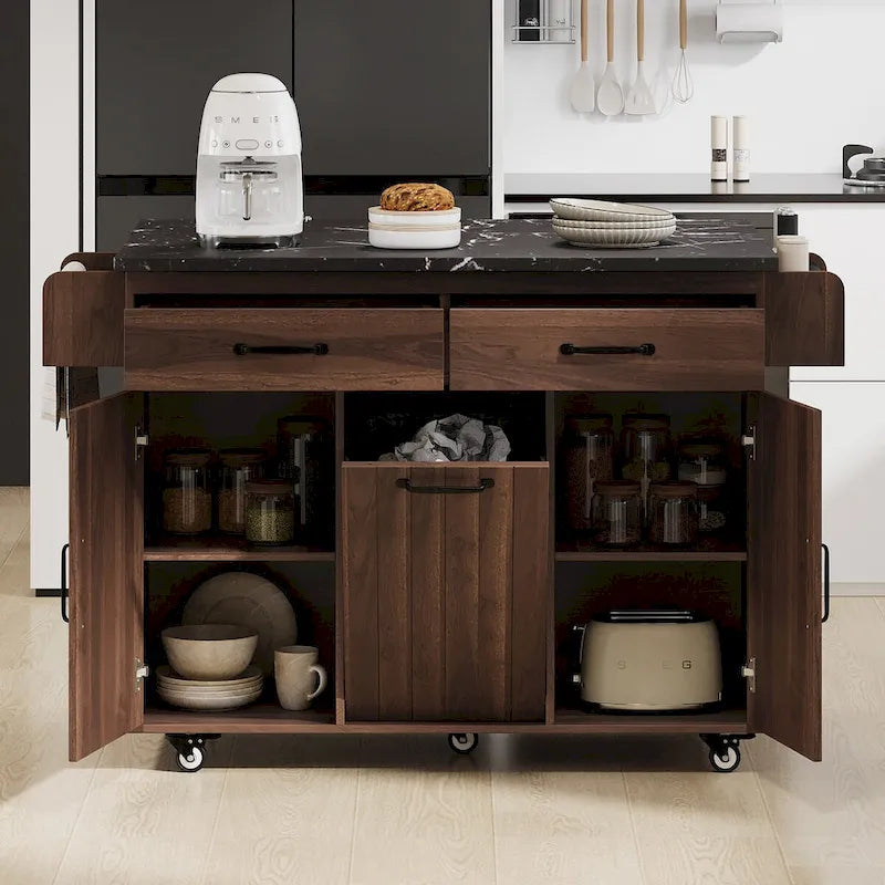 Kitchen Island with Built-In Trash Can Storage and Drop Leaf Cart 4