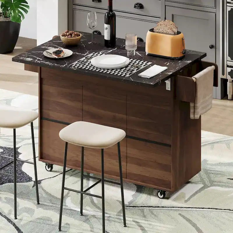 Kitchen Island with Built-In Trash Can Storage and Drop Leaf Cart 5
