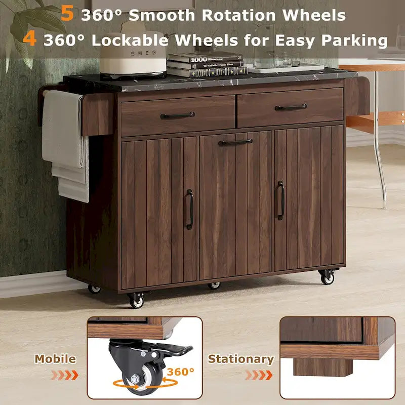 Kitchen Island with Built-In Trash Can Storage and Drop Leaf Cart 6