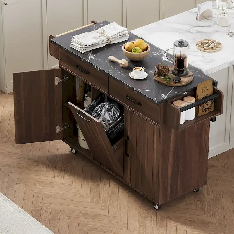 Kitchen Island with Built-In Trash Can Storage and Drop Leaf Cart 7