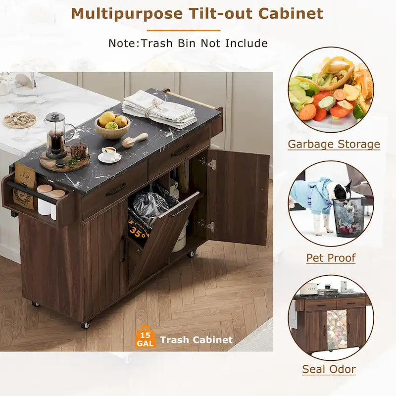 Kitchen Island with Built-In Trash Can Storage and Drop Leaf Cart 8