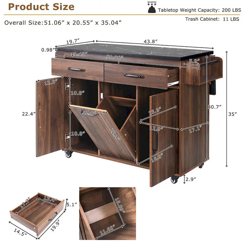 Kitchen Island with Built-In Trash Can Storage and Drop Leaf Cart 9