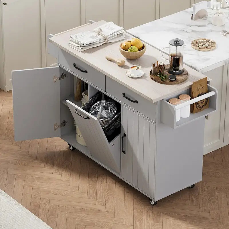 Kitchen Island with Built-In Trash Can Storage and Drop Leaf Cart 11