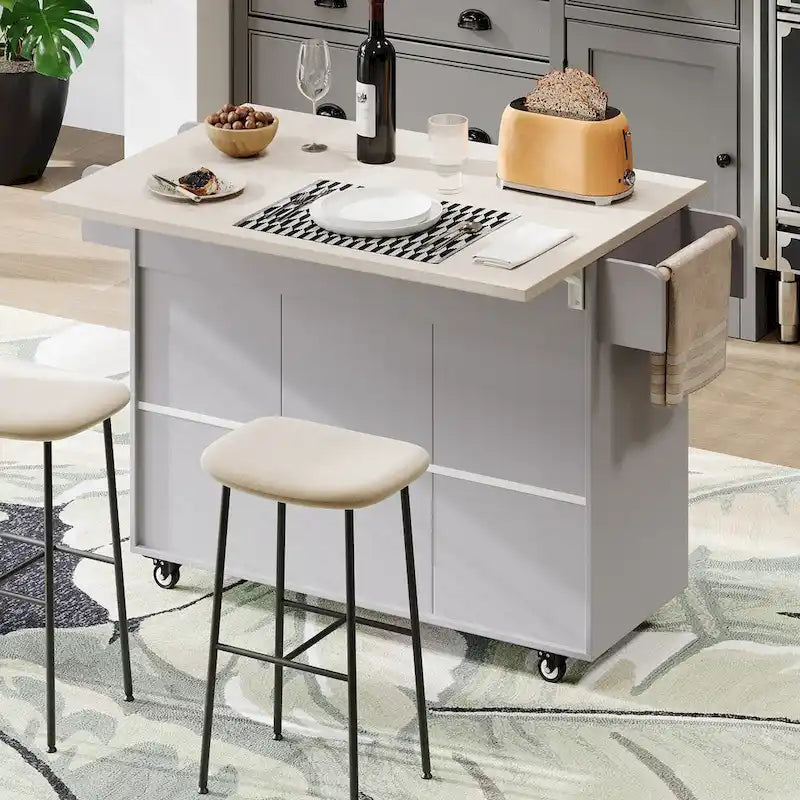 Kitchen Island with Built-In Trash Can Storage and Drop Leaf Cart 12