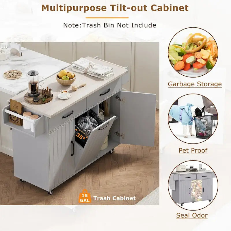 Kitchen Island with Built-In Trash Can Storage and Drop Leaf Cart 13
