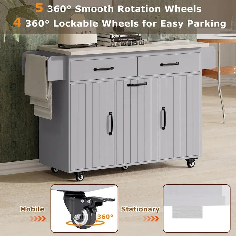 Kitchen Island with Built-In Trash Can Storage and Drop Leaf Cart 15