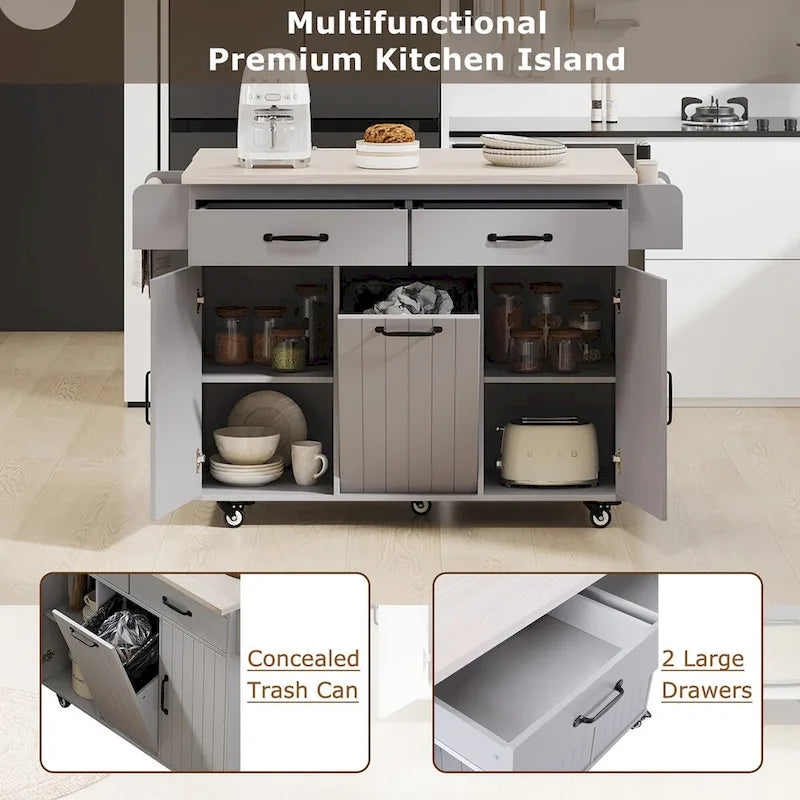 Kitchen Island with Built-In Trash Can Storage and Drop Leaf Cart 16