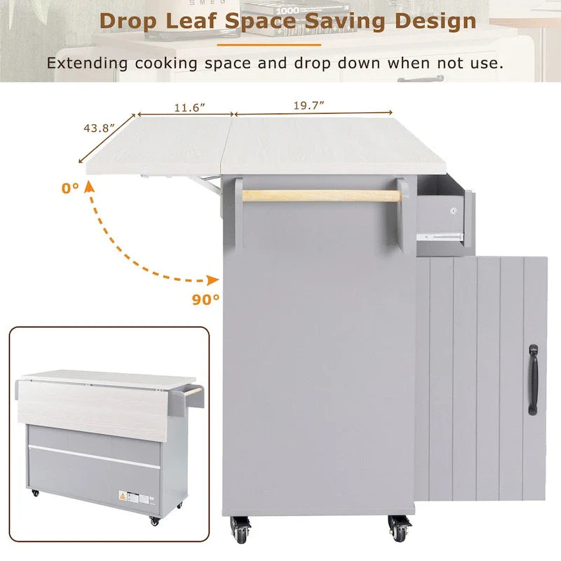 Kitchen Island with Built-In Trash Can Storage and Drop Leaf Cart 17
