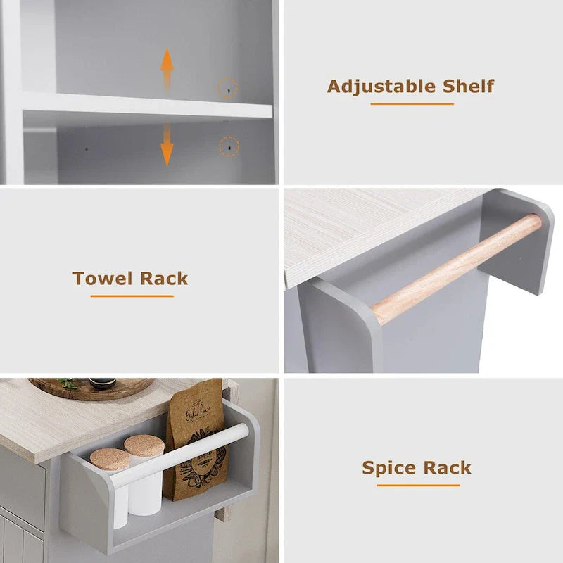 Kitchen Island with Built-In Trash Can Storage and Drop Leaf Cart 18