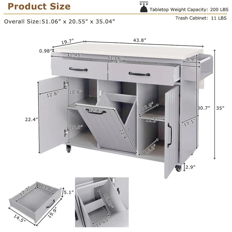 Kitchen Island with Built-In Trash Can Storage and Drop Leaf Cart 19