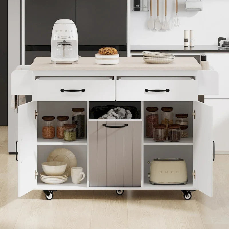 Kitchen Island with Built-In Trash Can Storage and Drop Leaf Cart 20