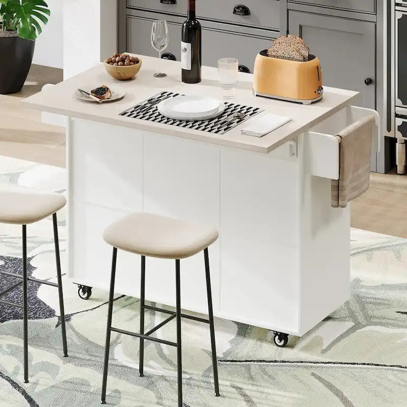 Kitchen Island with Built-In Trash Can Storage and Drop Leaf Cart 21