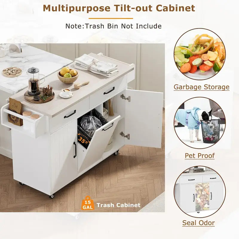 Kitchen Island with Built-In Trash Can Storage and Drop Leaf Cart 22