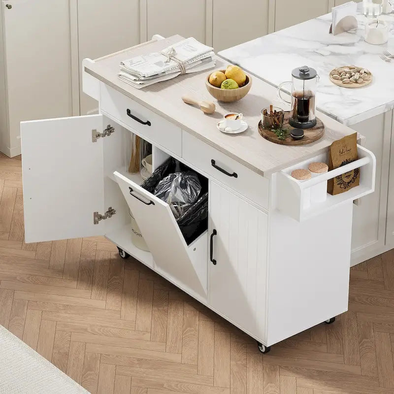 Kitchen Island with Built-In Trash Can Storage and Drop Leaf Cart 23