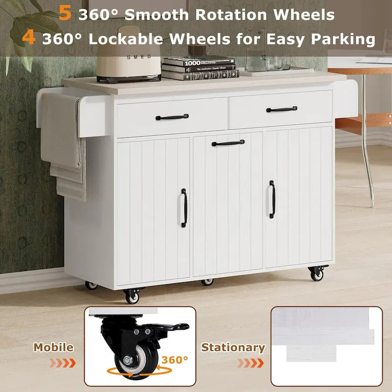 Kitchen Island with Built-In Trash Can Storage and Drop Leaf Cart 24