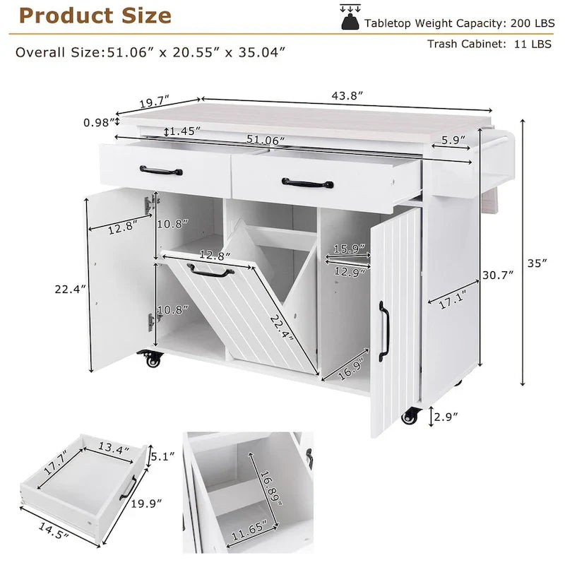 Kitchen Island with Built-In Trash Can Storage and Drop Leaf Cart 25
