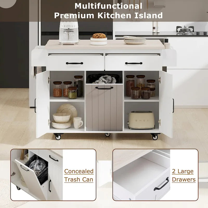 Kitchen Island with Built-In Trash Can Storage and Drop Leaf Cart 27