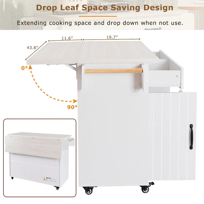 Kitchen Island with Built-In Trash Can Storage and Drop Leaf Cart 28