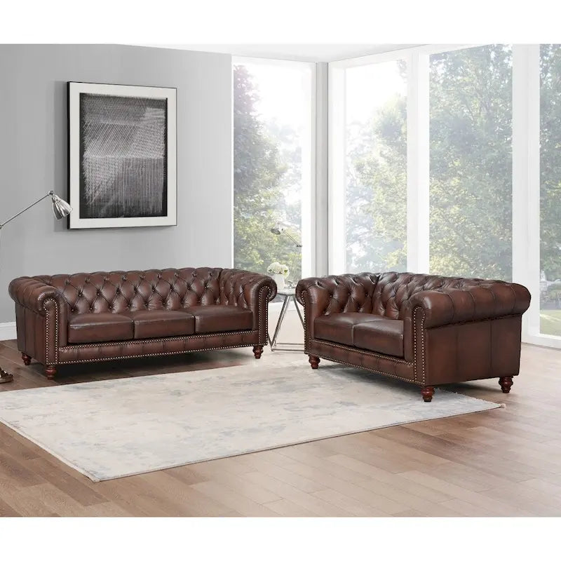 Hydeline Alton Bay Top Grain Leather Chesterfield Sofa and Loveseat Set 1