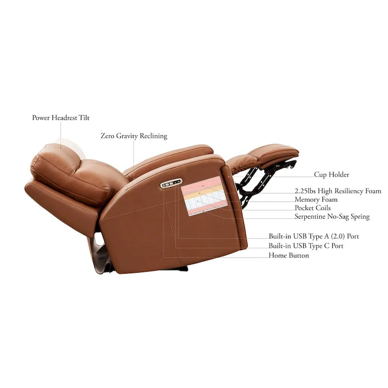 Hydeline Venice Zero Gravity Power Recliner with Adjustable Headrest and Cup Holder in Top Grain Leather 4