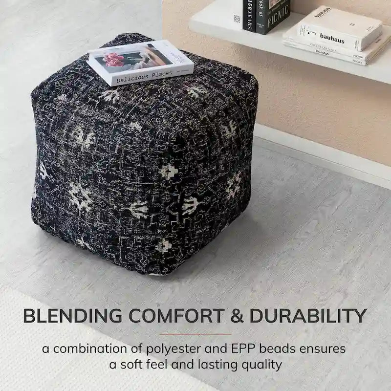 Handmade Black & White Square Pouf Ottoman - 20 x 20 x 20 Inches - Jani Tamarindo Footrest for Living Room and Nursery 4
