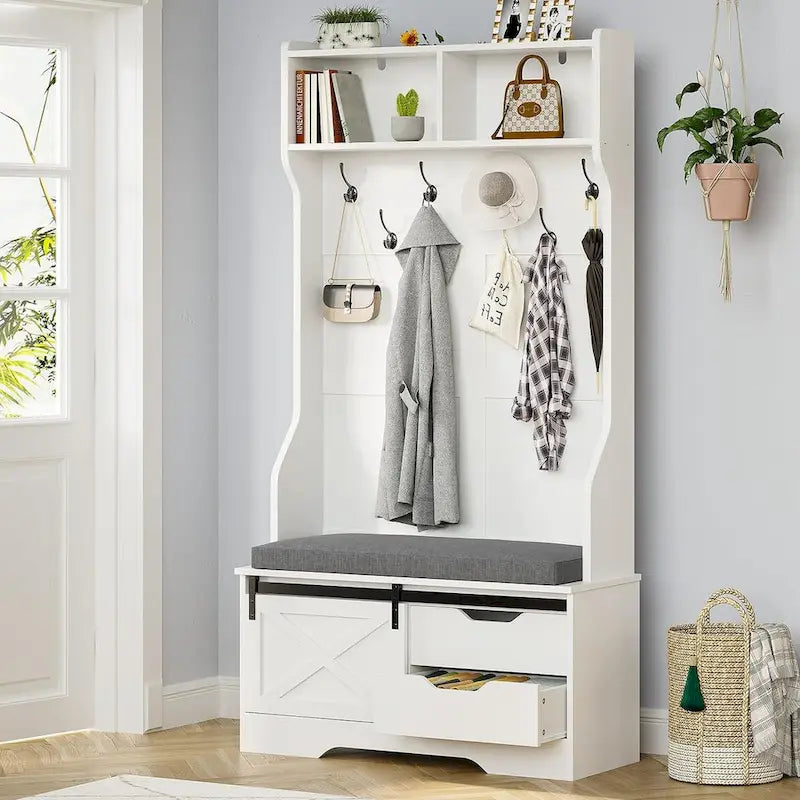 Barn Door Hall Tree with Bench and Shoe Storage Coat Rack 2