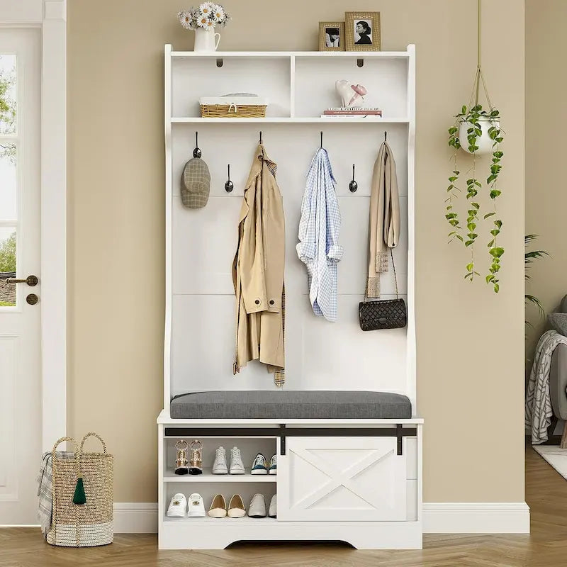 Barn Door Hall Tree with Bench and Shoe Storage Coat Rack 7