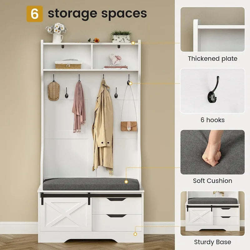 Barn Door Hall Tree with Bench and Shoe Storage Coat Rack 8