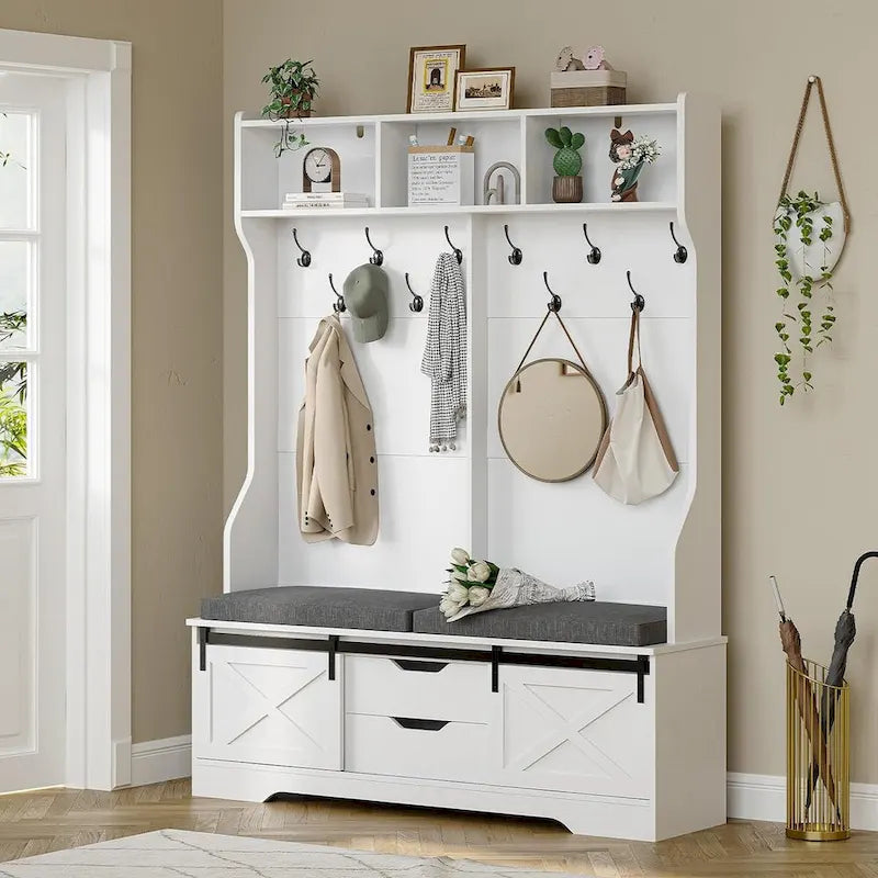 Barn Door Hall Tree with Bench and Shoe Storage Coat Rack 9