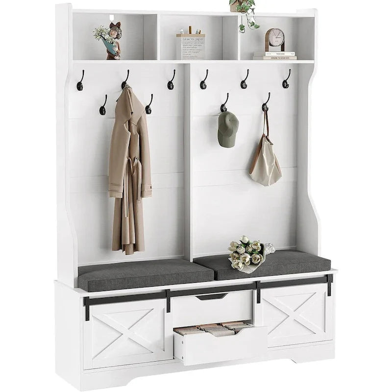 Barn Door Hall Tree with Bench and Shoe Storage Coat Rack 10