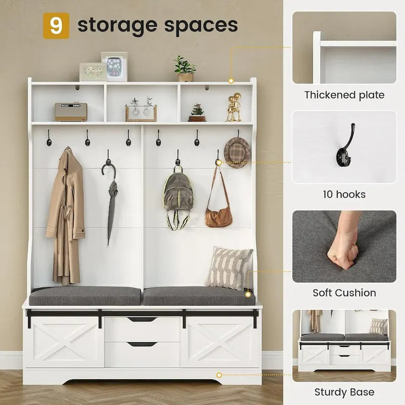 Barn Door Hall Tree with Bench and Shoe Storage Coat Rack 11