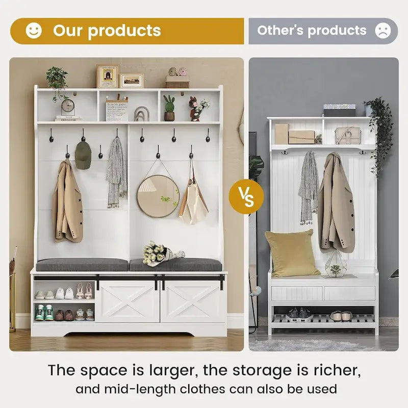 Barn Door Hall Tree with Bench and Shoe Storage Coat Rack 16