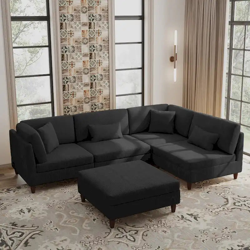 5-Piece Corduroy Modular Sectional Sofa with Ottoman 5
