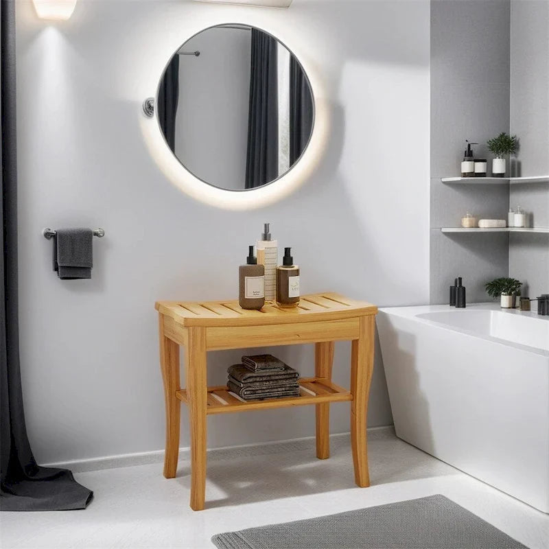 Extended Bamboo Shower Bench with Storage Shelf - Wooden Spa Stool 1