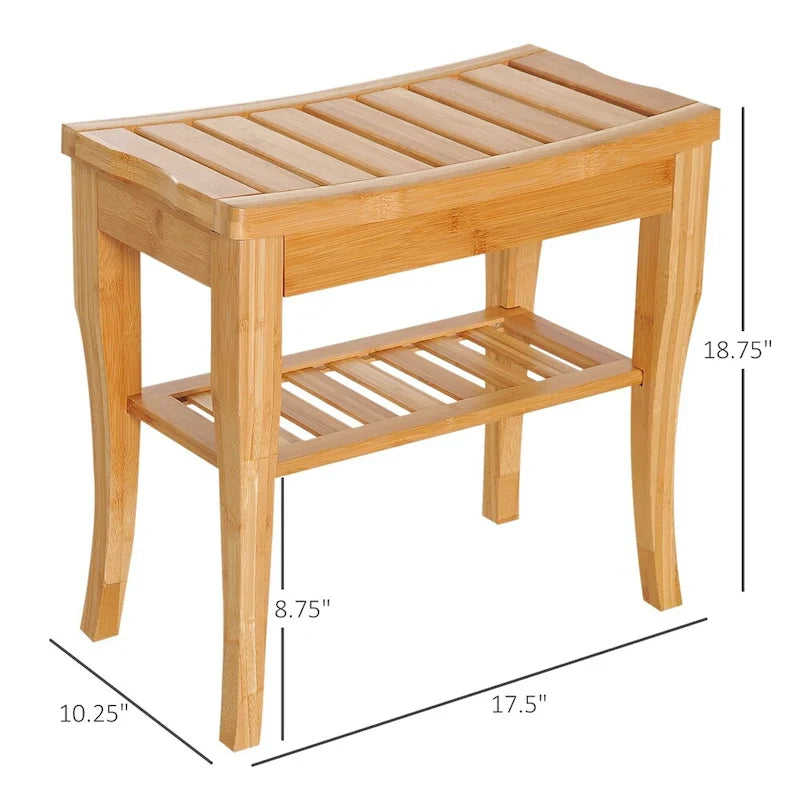 Extended Bamboo Shower Bench with Storage Shelf - Wooden Spa Stool 2