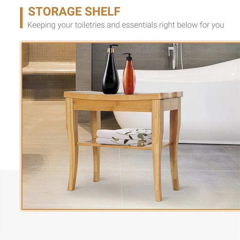 Extended Bamboo Shower Bench with Storage Shelf - Wooden Spa Stool 3