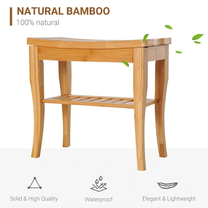 Extended Bamboo Shower Bench with Storage Shelf - Wooden Spa Stool 4