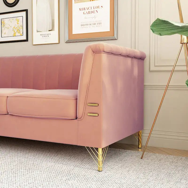Contemporary Velvet Upholstered 3-Seat Sofa with Golden Metal Legs - Pink Living Room Couch (83.46" x 30.51" x 31.9") 1