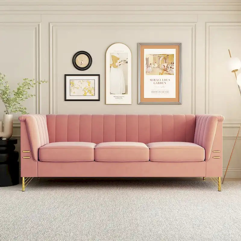 Contemporary Velvet Upholstered 3-Seat Sofa with Golden Metal Legs - Pink Living Room Couch (83.46" x 30.51" x 31.9") 2
