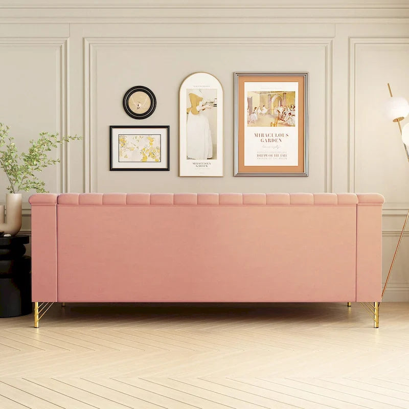 Contemporary Velvet Upholstered 3-Seat Sofa with Golden Metal Legs - Pink Living Room Couch (83.46" x 30.51" x 31.9") 3