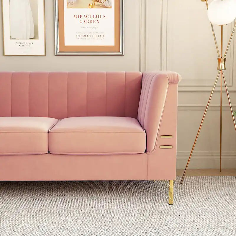 Contemporary Velvet Upholstered 3-Seat Sofa with Golden Metal Legs - Pink Living Room Couch (83.46" x 30.51" x 31.9") 4